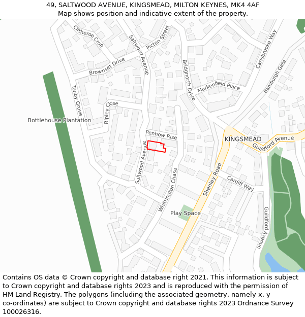 49, SALTWOOD AVENUE, KINGSMEAD, MILTON KEYNES, MK4 4AF: Location map and indicative extent of plot