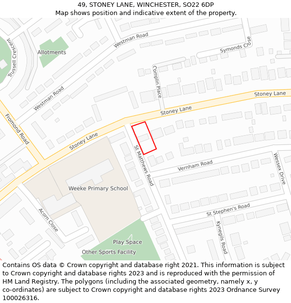 49, STONEY LANE, WINCHESTER, SO22 6DP: Location map and indicative extent of plot