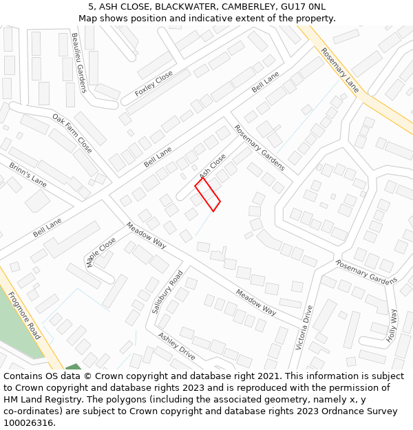 5, ASH CLOSE, BLACKWATER, CAMBERLEY, GU17 0NL: Location map and indicative extent of plot