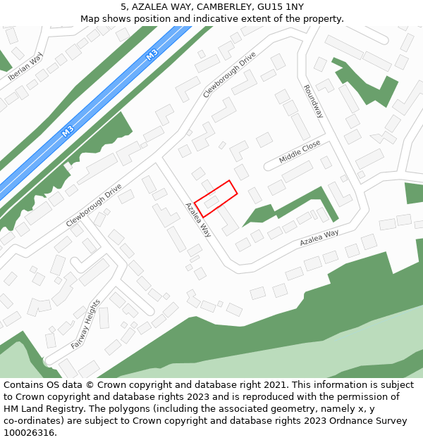 5, AZALEA WAY, CAMBERLEY, GU15 1NY: Location map and indicative extent of plot