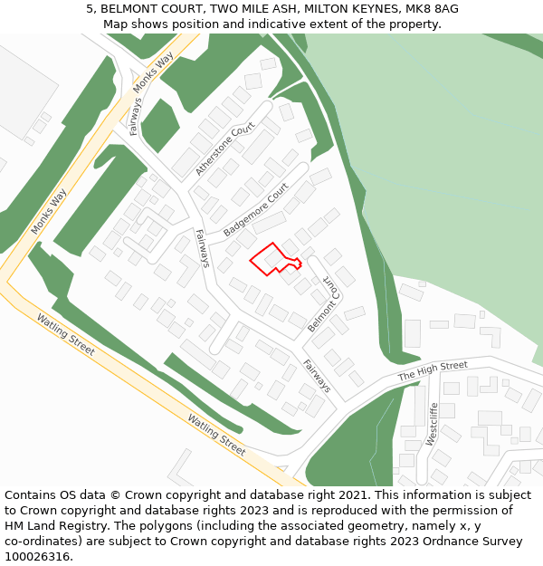 5, BELMONT COURT, TWO MILE ASH, MILTON KEYNES, MK8 8AG: Location map and indicative extent of plot