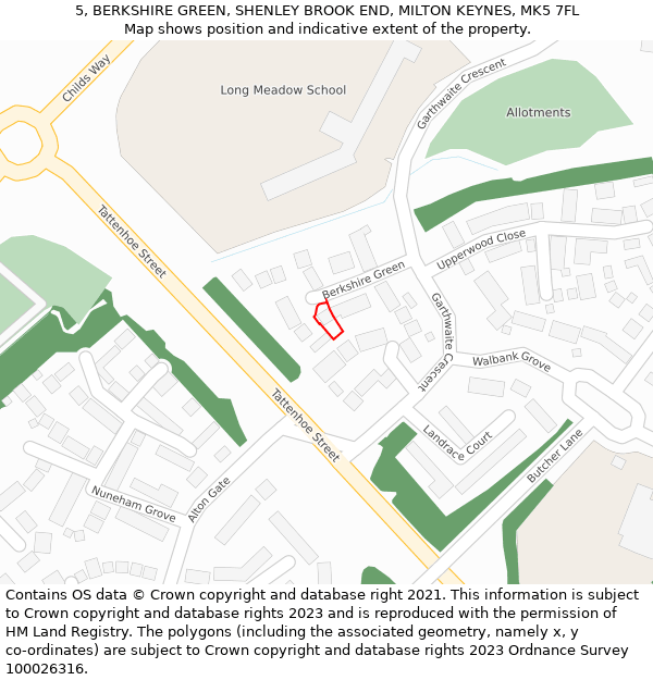 5, BERKSHIRE GREEN, SHENLEY BROOK END, MILTON KEYNES, MK5 7FL: Location map and indicative extent of plot