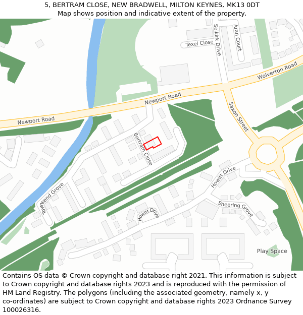 5, BERTRAM CLOSE, NEW BRADWELL, MILTON KEYNES, MK13 0DT: Location map and indicative extent of plot