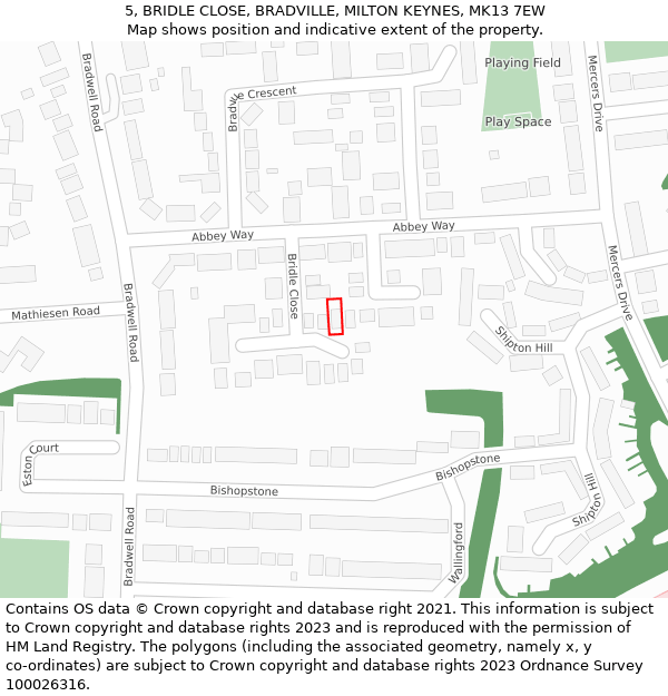 5, BRIDLE CLOSE, BRADVILLE, MILTON KEYNES, MK13 7EW: Location map and indicative extent of plot