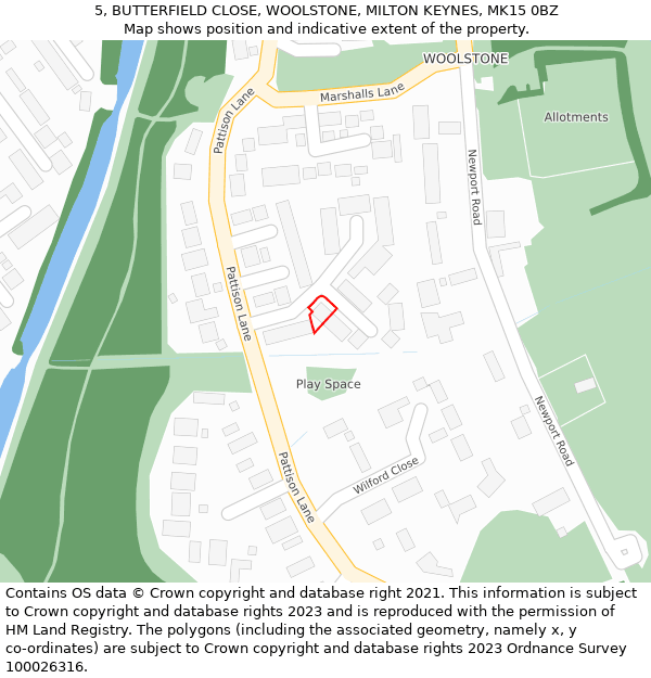 5, BUTTERFIELD CLOSE, WOOLSTONE, MILTON KEYNES, MK15 0BZ: Location map and indicative extent of plot