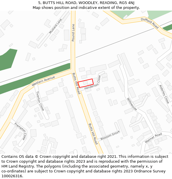 5, BUTTS HILL ROAD, WOODLEY, READING, RG5 4NJ: Location map and indicative extent of plot