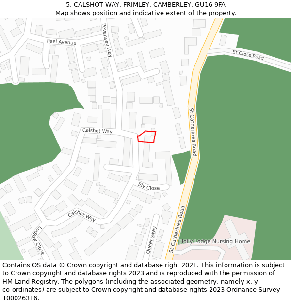 5, CALSHOT WAY, FRIMLEY, CAMBERLEY, GU16 9FA: Location map and indicative extent of plot