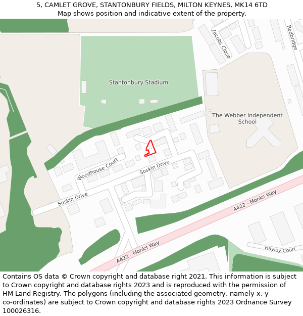 5, CAMLET GROVE, STANTONBURY FIELDS, MILTON KEYNES, MK14 6TD: Location map and indicative extent of plot