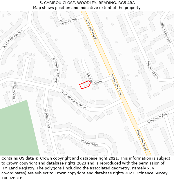 5, CARIBOU CLOSE, WOODLEY, READING, RG5 4RA: Location map and indicative extent of plot