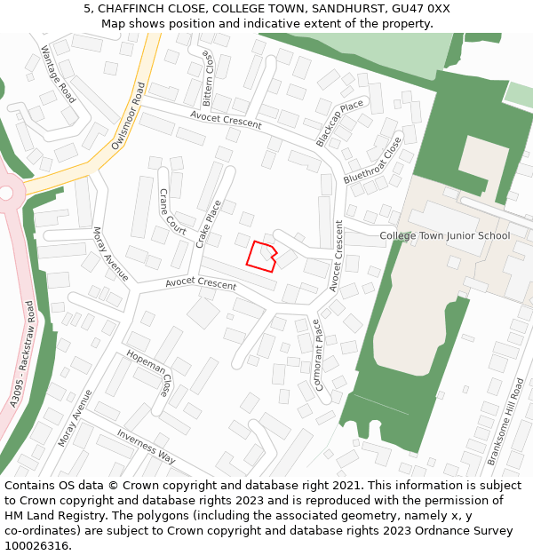 5, CHAFFINCH CLOSE, COLLEGE TOWN, SANDHURST, GU47 0XX: Location map and indicative extent of plot