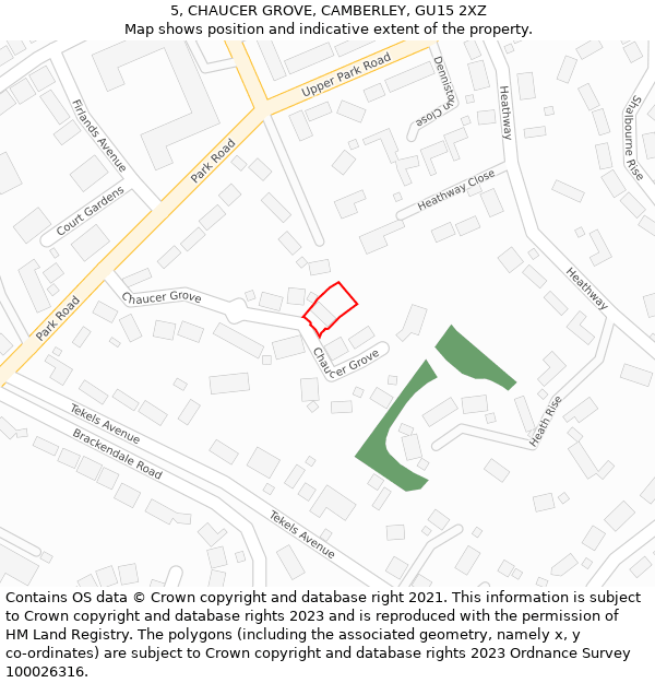 5, CHAUCER GROVE, CAMBERLEY, GU15 2XZ: Location map and indicative extent of plot