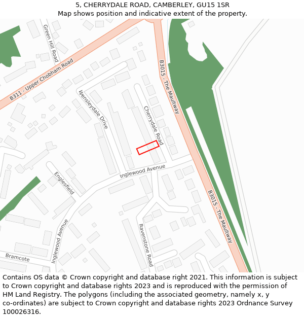 5, CHERRYDALE ROAD, CAMBERLEY, GU15 1SR: Location map and indicative extent of plot