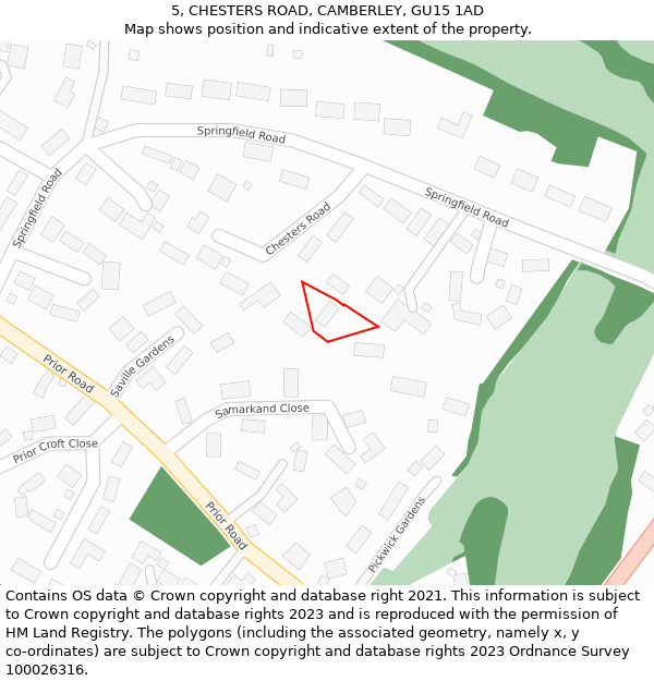 5, CHESTERS ROAD, CAMBERLEY, GU15 1AD: Location map and indicative extent of plot