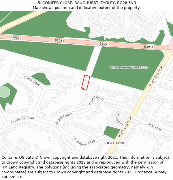 5, CONIFER CLOSE, BAUGHURST, TADLEY, RG26 5NB: Location map and indicative extent of plot