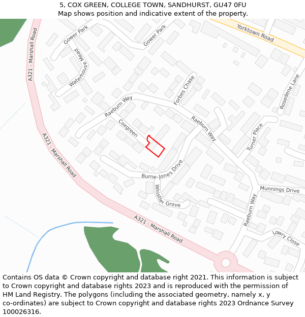 5, COX GREEN, COLLEGE TOWN, SANDHURST, GU47 0FU: Location map and indicative extent of plot