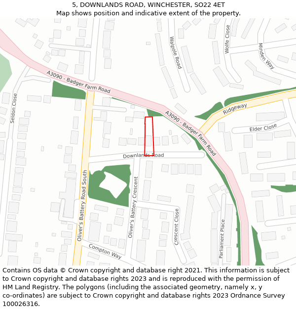 5, DOWNLANDS ROAD, WINCHESTER, SO22 4ET: Location map and indicative extent of plot