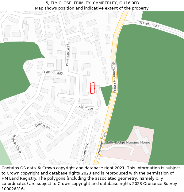 5, ELY CLOSE, FRIMLEY, CAMBERLEY, GU16 9FB: Location map and indicative extent of plot