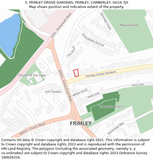 5, FRIMLEY GROVE GARDENS, FRIMLEY, CAMBERLEY, GU16 7JX: Location map and indicative extent of plot