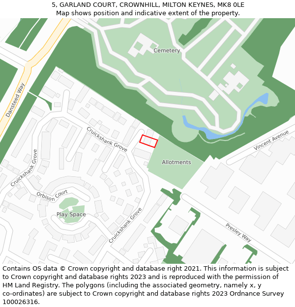 5, GARLAND COURT, CROWNHILL, MILTON KEYNES, MK8 0LE: Location map and indicative extent of plot