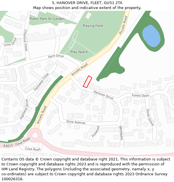 5, HANOVER DRIVE, FLEET, GU51 2TA: Location map and indicative extent of plot