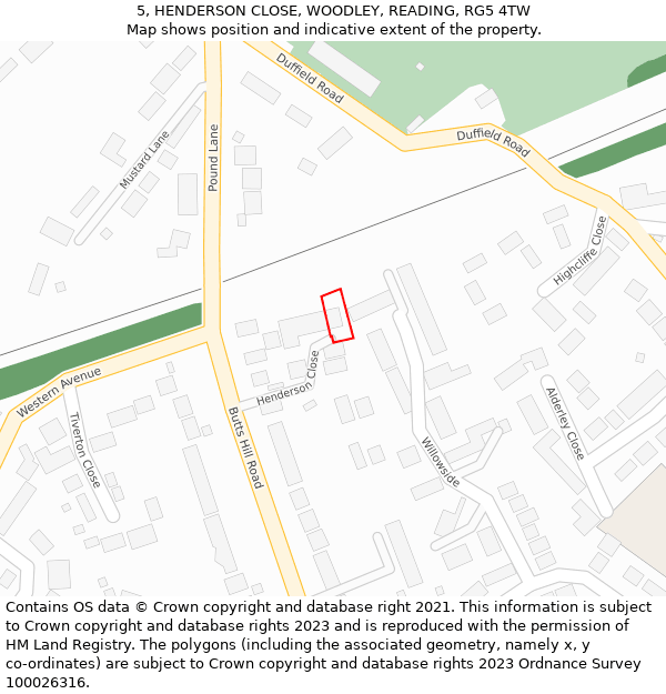 5, HENDERSON CLOSE, WOODLEY, READING, RG5 4TW: Location map and indicative extent of plot