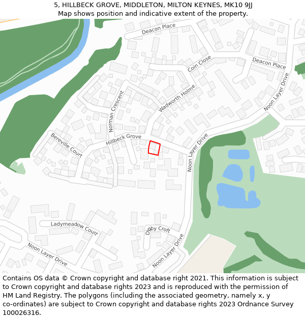 5, HILLBECK GROVE, MIDDLETON, MILTON KEYNES, MK10 9JJ: Location map and indicative extent of plot