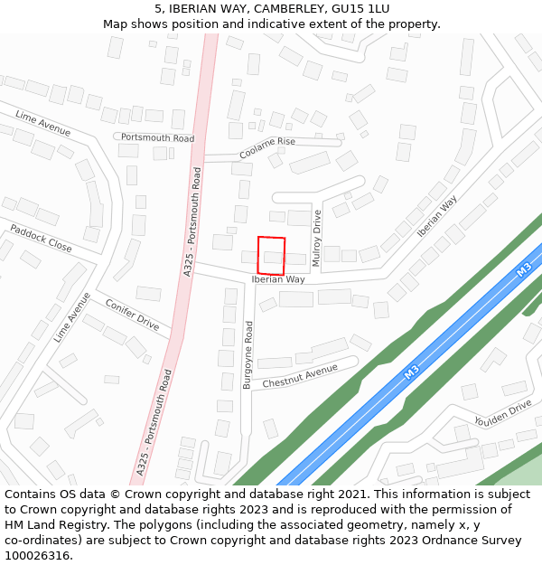 5, IBERIAN WAY, CAMBERLEY, GU15 1LU: Location map and indicative extent of plot