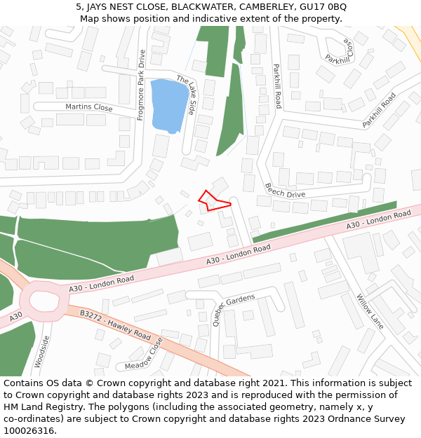 5, JAYS NEST CLOSE, BLACKWATER, CAMBERLEY, GU17 0BQ: Location map and indicative extent of plot