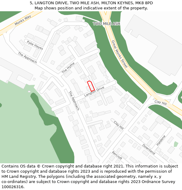 5, LANGTON DRIVE, TWO MILE ASH, MILTON KEYNES, MK8 8PD: Location map and indicative extent of plot