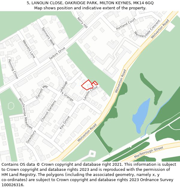 5, LANOLIN CLOSE, OAKRIDGE PARK, MILTON KEYNES, MK14 6GQ: Location map and indicative extent of plot