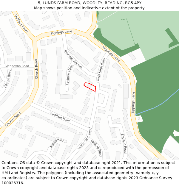 5, LUNDS FARM ROAD, WOODLEY, READING, RG5 4PY: Location map and indicative extent of plot