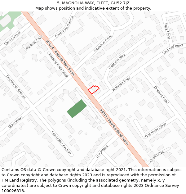 5, MAGNOLIA WAY, FLEET, GU52 7JZ: Location map and indicative extent of plot