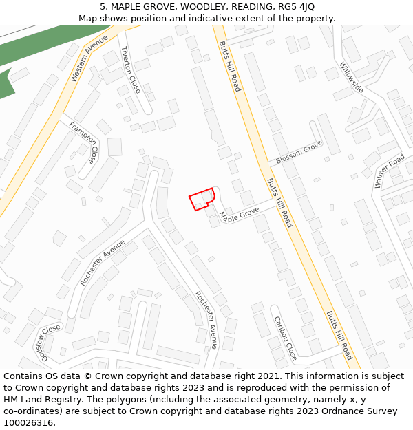 5, MAPLE GROVE, WOODLEY, READING, RG5 4JQ: Location map and indicative extent of plot