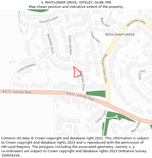 5, MAYFLOWER DRIVE, YATELEY, GU46 7RR: Location map and indicative extent of plot