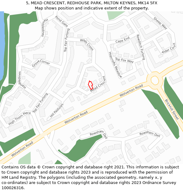 5, MEAD CRESCENT, REDHOUSE PARK, MILTON KEYNES, MK14 5FX: Location map and indicative extent of plot