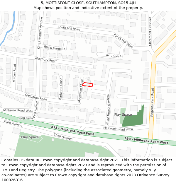 5, MOTTISFONT CLOSE, SOUTHAMPTON, SO15 4JH: Location map and indicative extent of plot