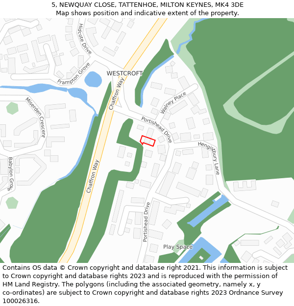 5, NEWQUAY CLOSE, TATTENHOE, MILTON KEYNES, MK4 3DE: Location map and indicative extent of plot