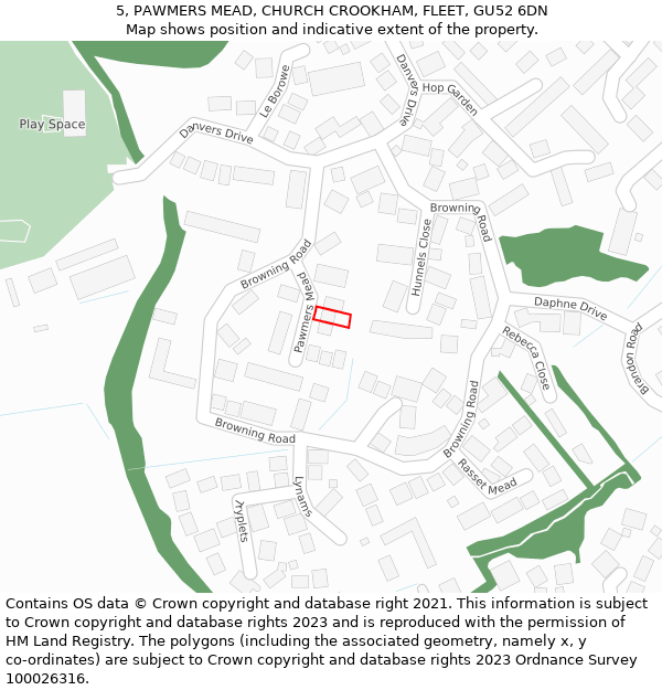 5, PAWMERS MEAD, CHURCH CROOKHAM, FLEET, GU52 6DN: Location map and indicative extent of plot