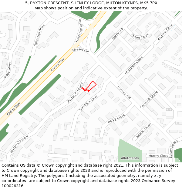 5, PAXTON CRESCENT, SHENLEY LODGE, MILTON KEYNES, MK5 7PX: Location map and indicative extent of plot