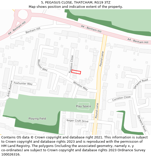 5, PEGASUS CLOSE, THATCHAM, RG19 3TZ: Location map and indicative extent of plot