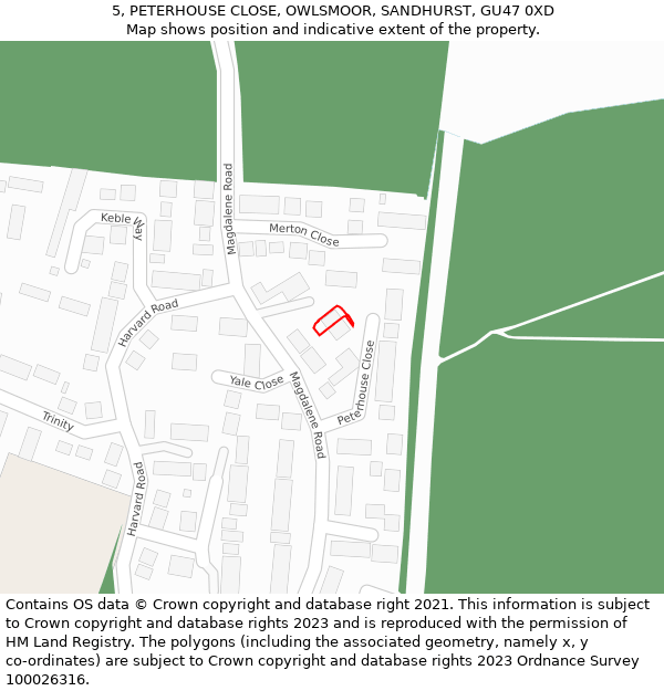 5, PETERHOUSE CLOSE, OWLSMOOR, SANDHURST, GU47 0XD: Location map and indicative extent of plot