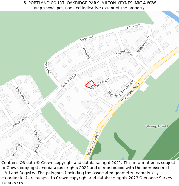 5, PORTLAND COURT, OAKRIDGE PARK, MILTON KEYNES, MK14 6GW: Location map and indicative extent of plot