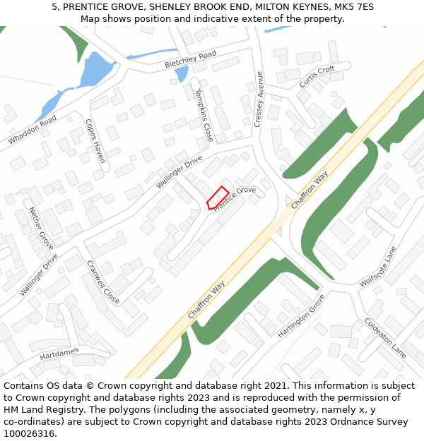 5, PRENTICE GROVE, SHENLEY BROOK END, MILTON KEYNES, MK5 7ES: Location map and indicative extent of plot