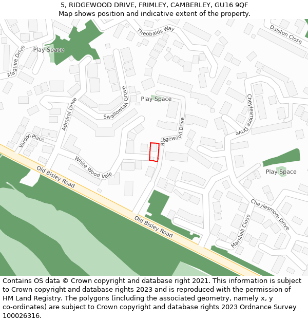 5, RIDGEWOOD DRIVE, FRIMLEY, CAMBERLEY, GU16 9QF: Location map and indicative extent of plot