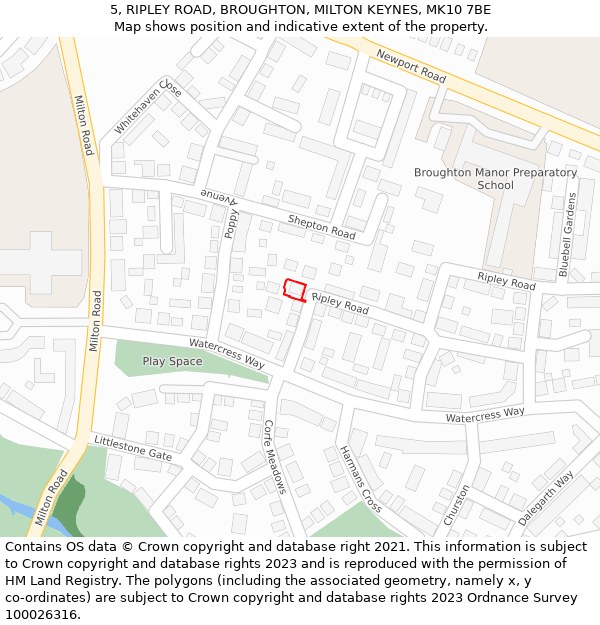 5, RIPLEY ROAD, BROUGHTON, MILTON KEYNES, MK10 7BE: Location map and indicative extent of plot