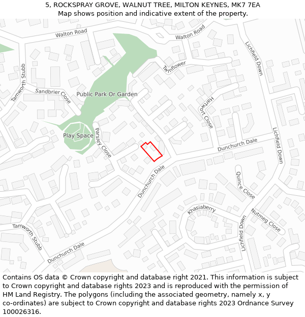 5, ROCKSPRAY GROVE, WALNUT TREE, MILTON KEYNES, MK7 7EA: Location map and indicative extent of plot