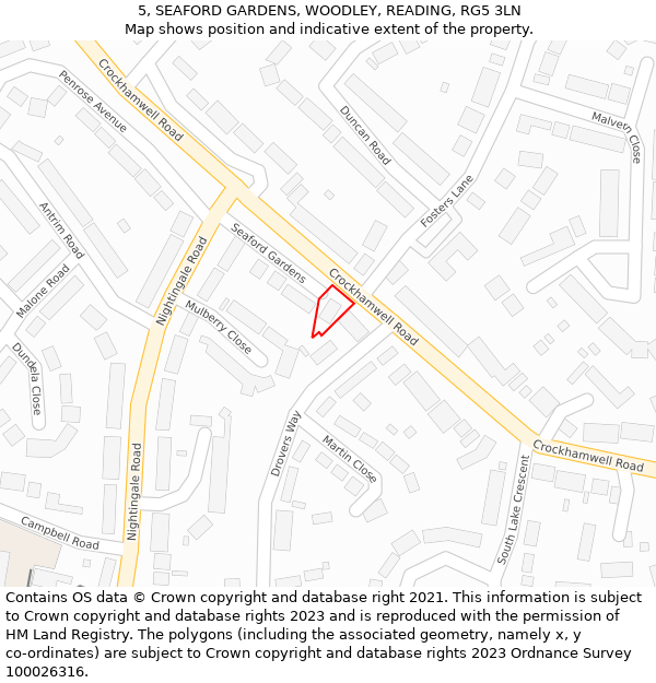 5, SEAFORD GARDENS, WOODLEY, READING, RG5 3LN: Location map and indicative extent of plot