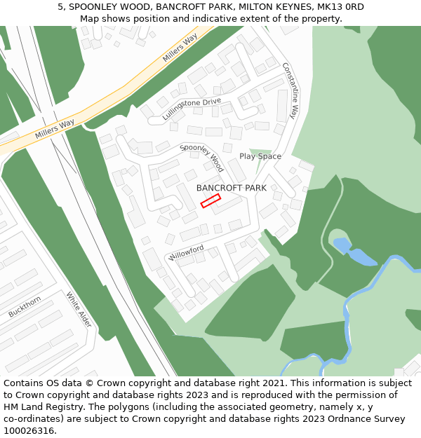 5, SPOONLEY WOOD, BANCROFT PARK, MILTON KEYNES, MK13 0RD: Location map and indicative extent of plot