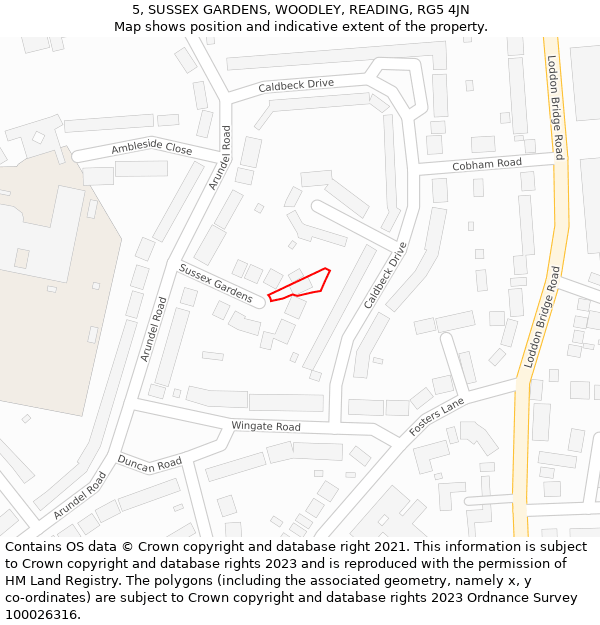 5, SUSSEX GARDENS, WOODLEY, READING, RG5 4JN: Location map and indicative extent of plot