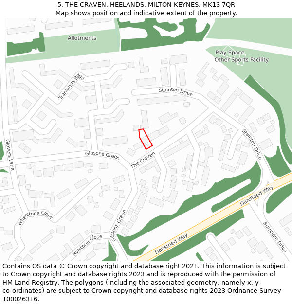 5, THE CRAVEN, HEELANDS, MILTON KEYNES, MK13 7QR: Location map and indicative extent of plot